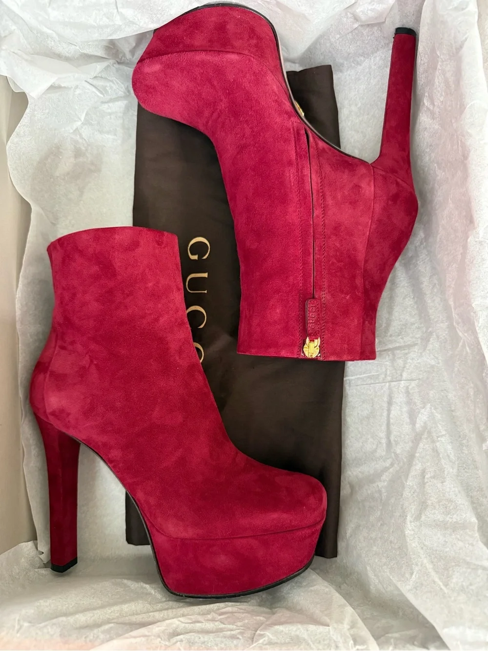 Gucci Kid Scamosciato Burgundy Suede Platform Ankle Boots Heels Zip Luxury SZ 6